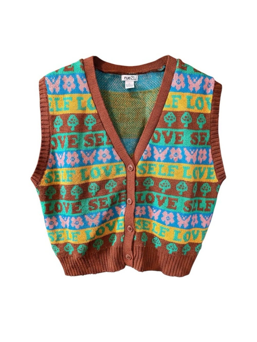 Rue21 Multicolor Knit Vest with Brown Trim